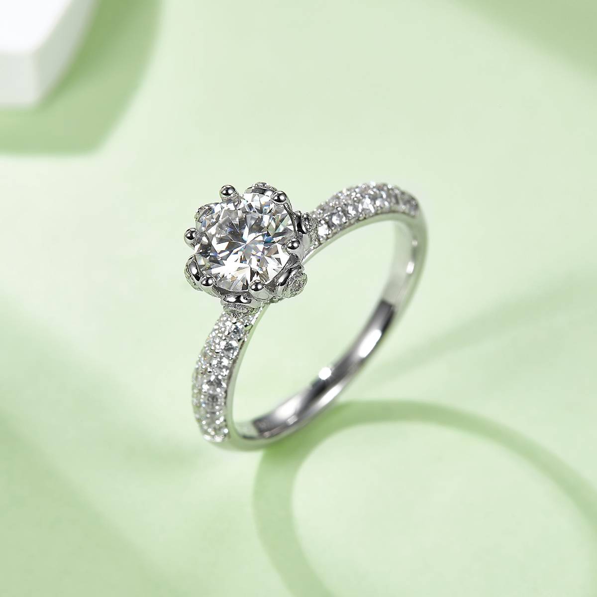 Straight arm luxury floral god S925 silver plated platinum Moissanite women's ring 1 carat D-grade